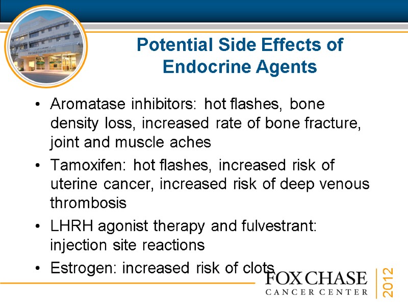 Potential Side Effects of Endocrine Agents Aromatase inhibitors: hot flashes, bone density loss, increased